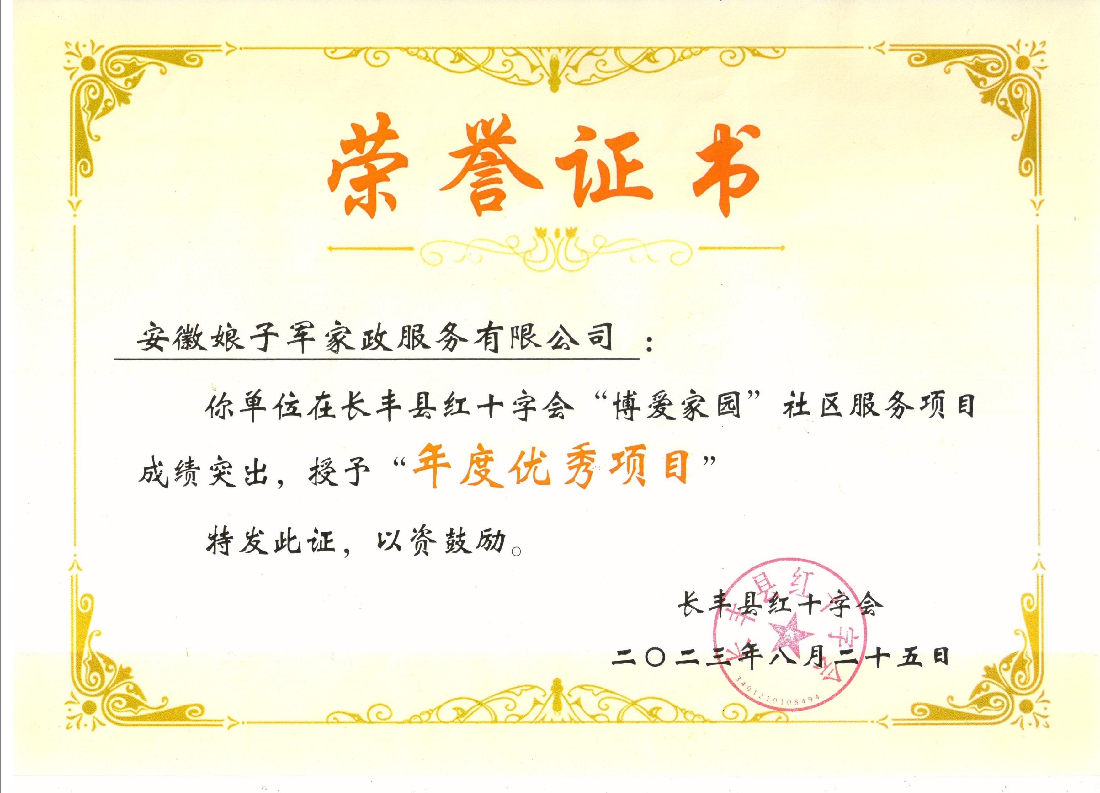 长丰县红十字会年度优秀项目荣誉证书